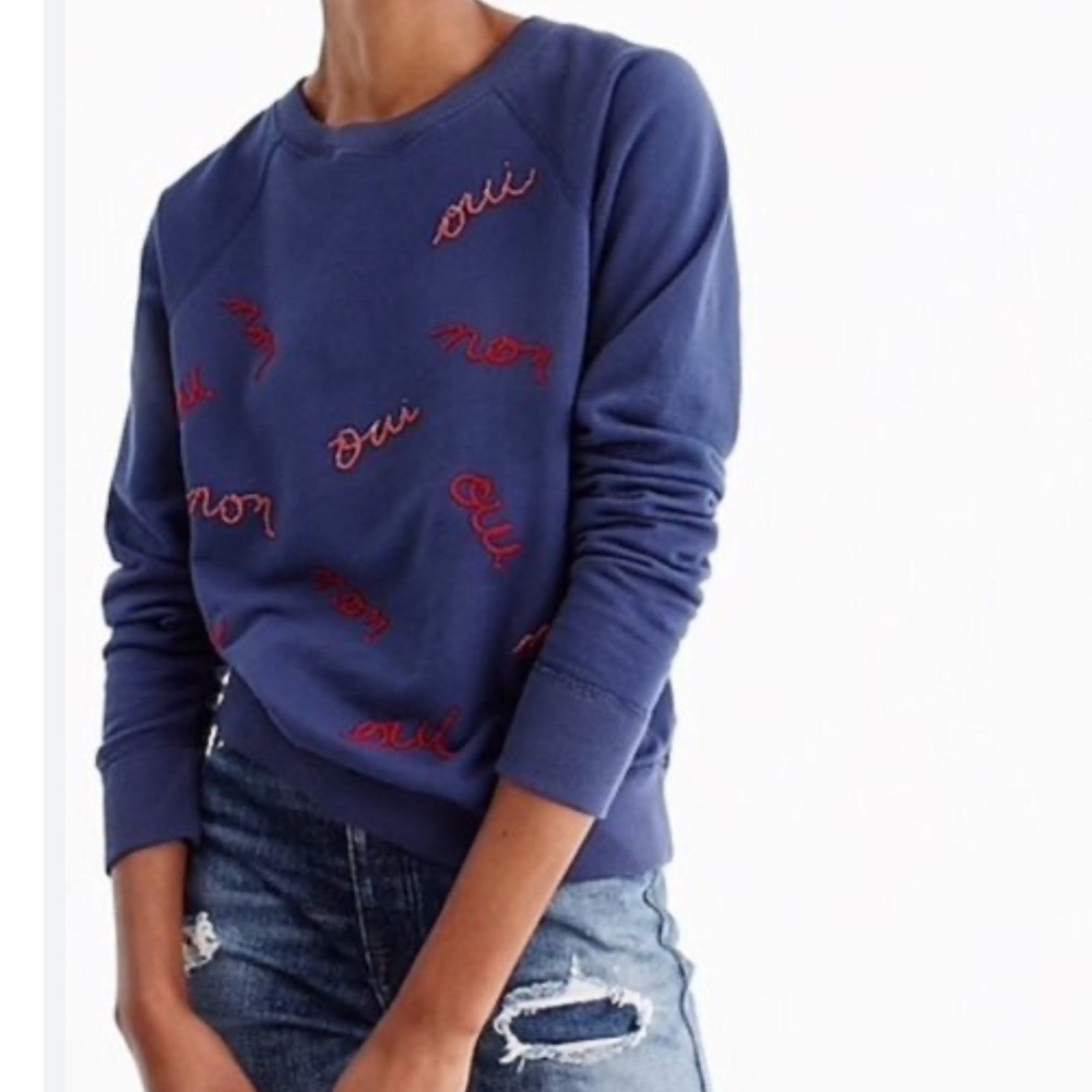 J.Crew Oui Non Beaded Blue Sweatshirt Womens Small Navy Red‎ Raglan Pullover